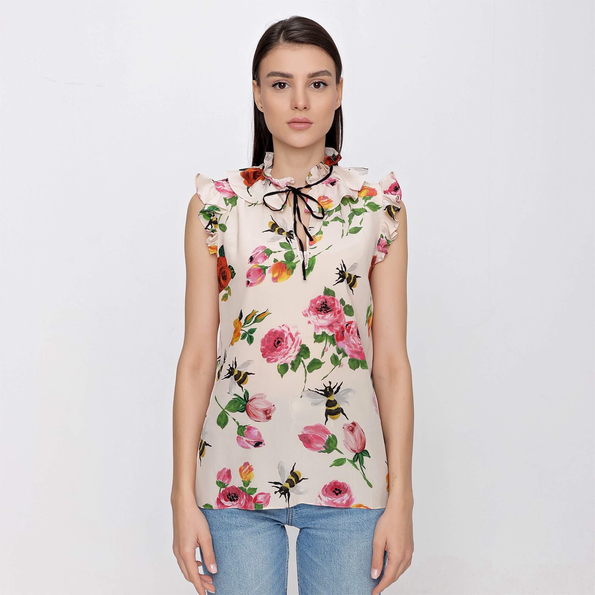 Gucci - Ivory Silk Rose Print Ruffle Detail Sleeveless Top